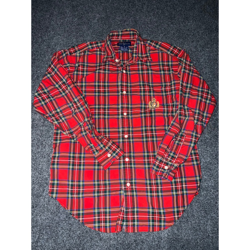 Ralph Lauren Red Plaid Button Down Shirt Size 12 Cotton Crest Logo Long Sleeve